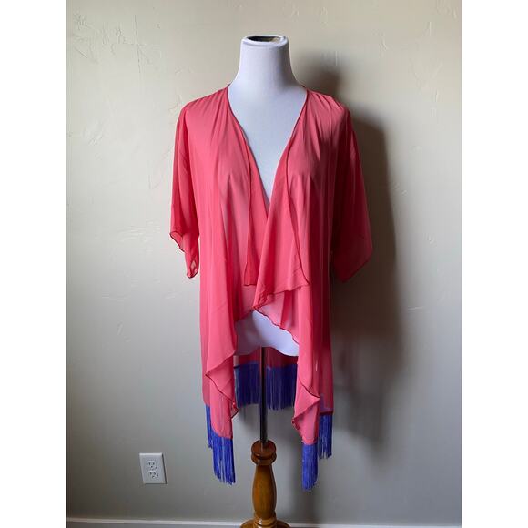 Lularoe Small Pink with Purple Tassels Monroe Short Sleeved Kimono - Picture 1 of 9